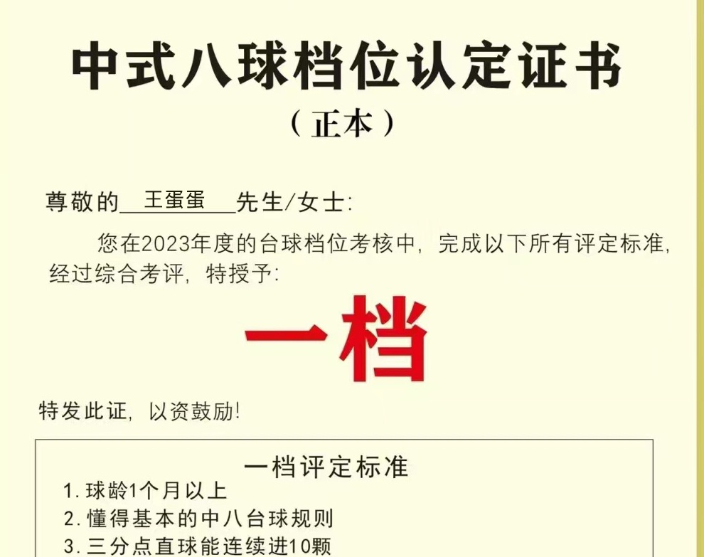 中式台球认证书